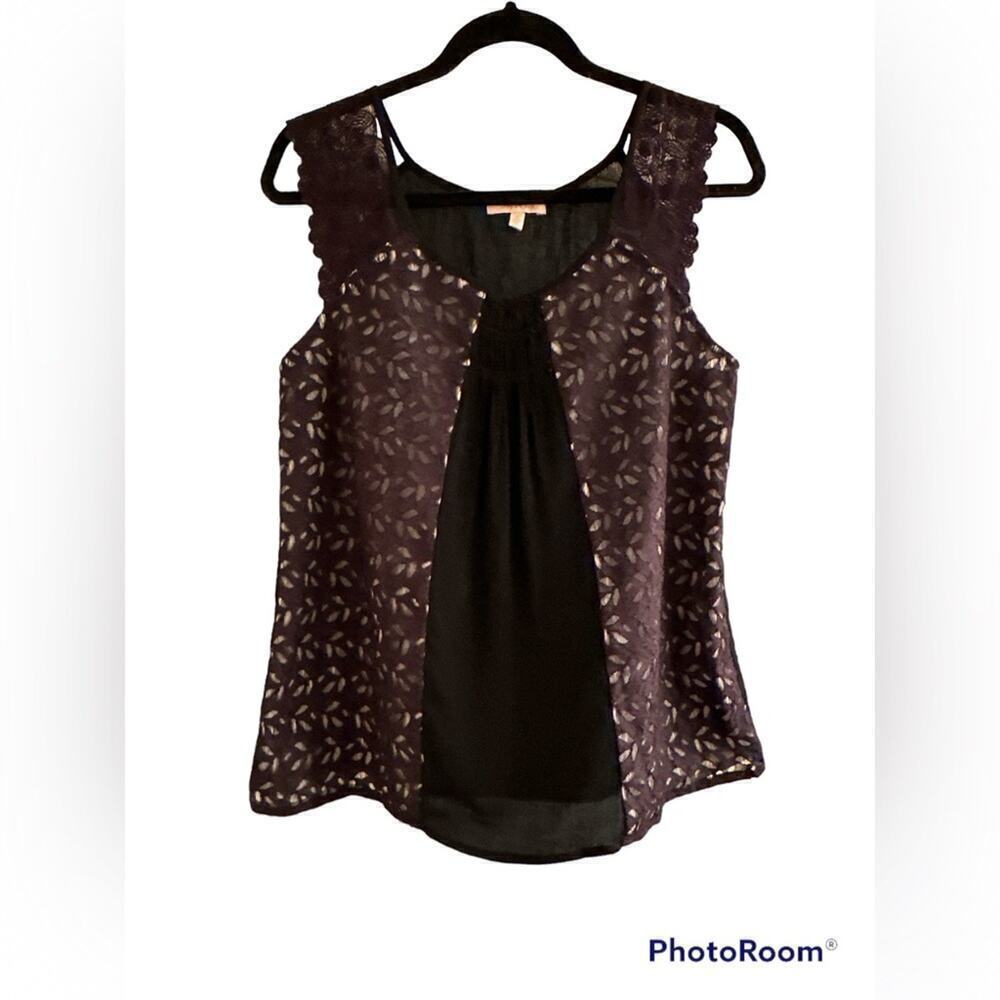 Skies are Blue Women’s Eyelet Lace Sleeveless Semi Sheer Back Blouse Sz M Black